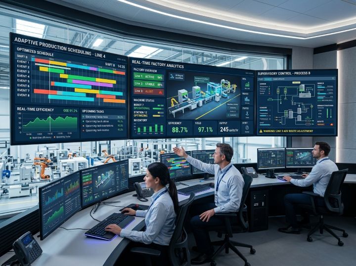 Technicians inspecting control panels in a modern manufacturing plant, monitoring energy usage and performance metrics.