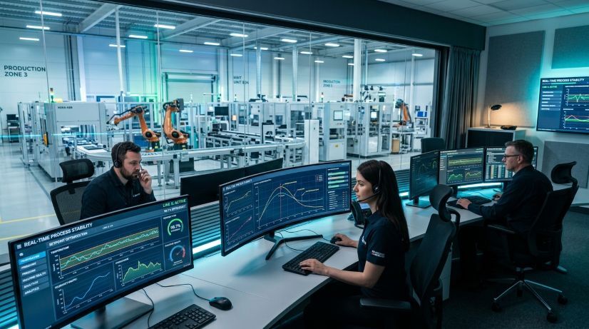 Plant operations team overseeing real-time manufacturing process stability