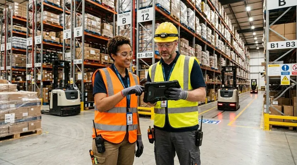 Two warehouse workers reviewing inventory data on a tablet for smarter picking and replenishment